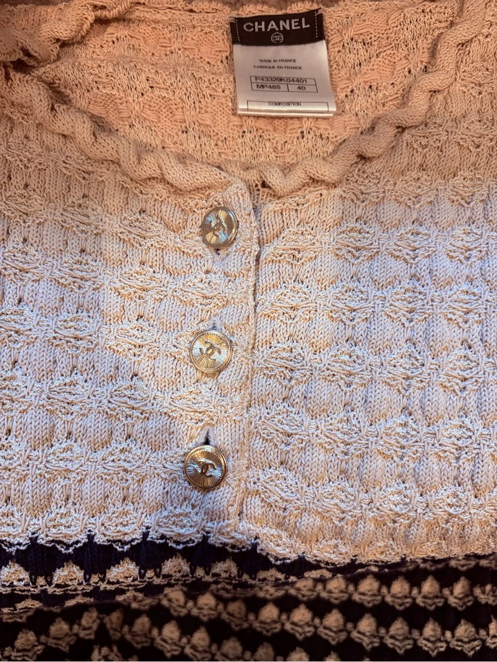 CHANEL Sleeveless Crochet Knit Midi Dress in Cream and Blue